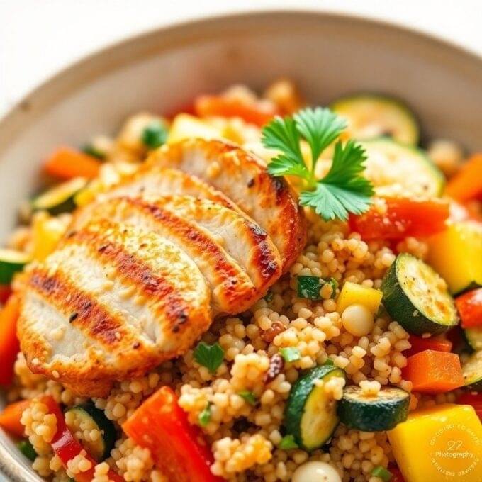 Salada de quinoa com legumes e frango grelhado
